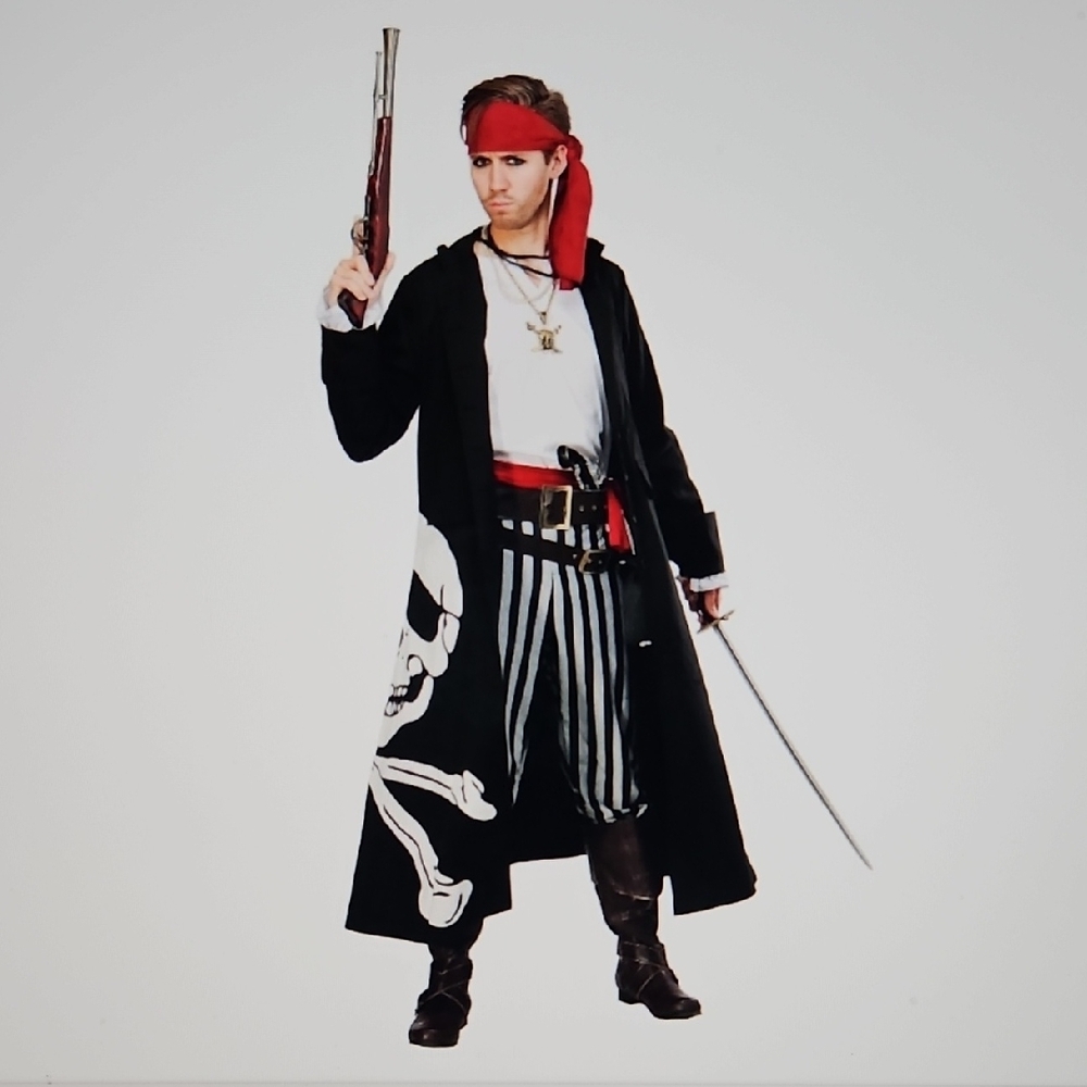 Men's Pirate Costume Coat with Skull Graphic - Black & White